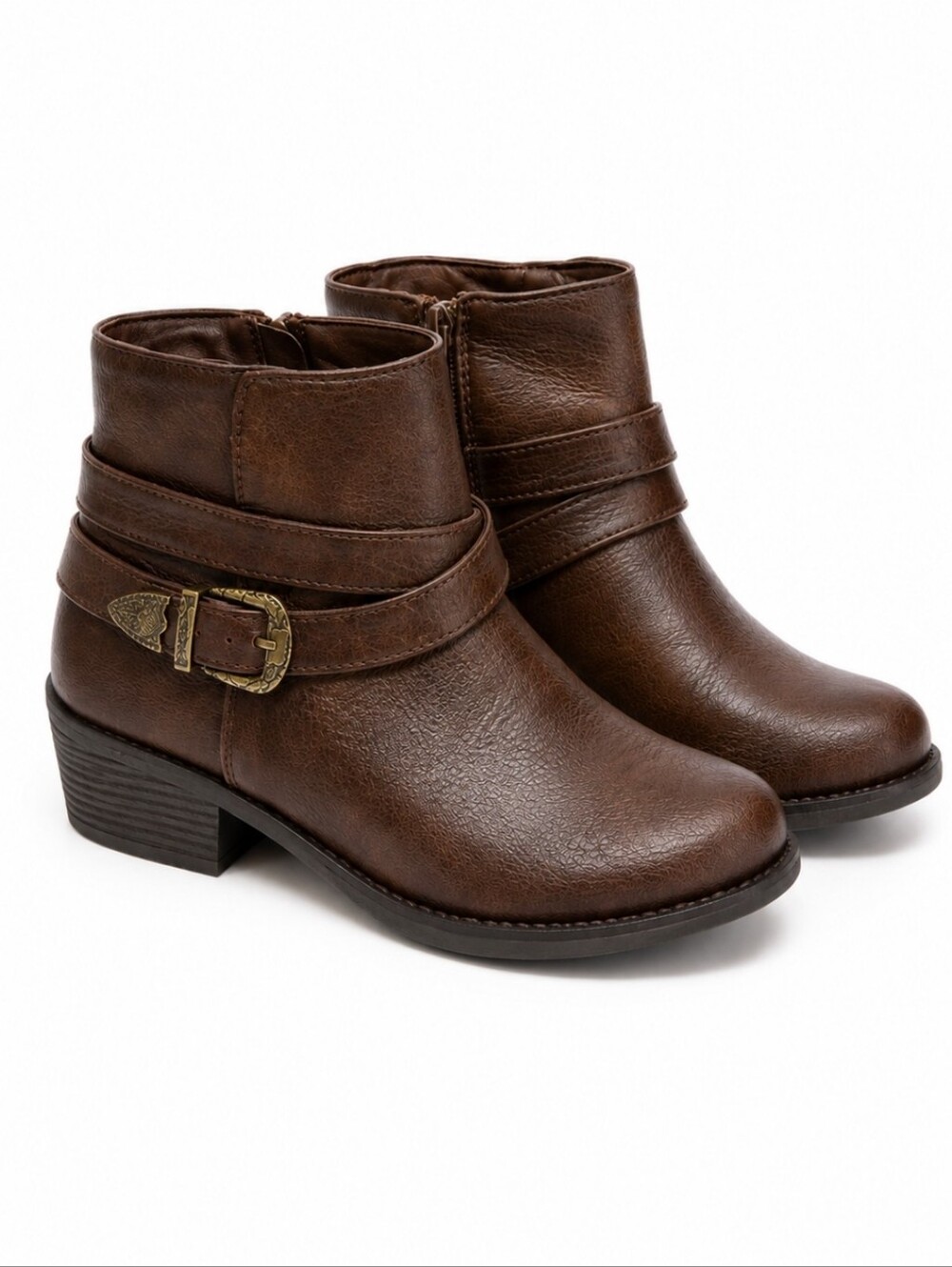 Easy Street Brown Buckle Strap Comfort Faux Leather Ankle Booties Sz 7M